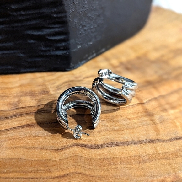 Silver Triple Multi Hoop Earrings Women Hollow Chunky Preppy Quiet Luxury Y2K - Picture 3 of 7